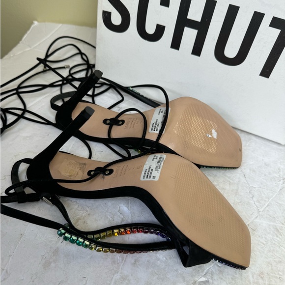 Schutz NEW Vikki Leather Strappy Crystals Ankle Ties Straps Heels Sandal Black 9 - Picture 13 of 16